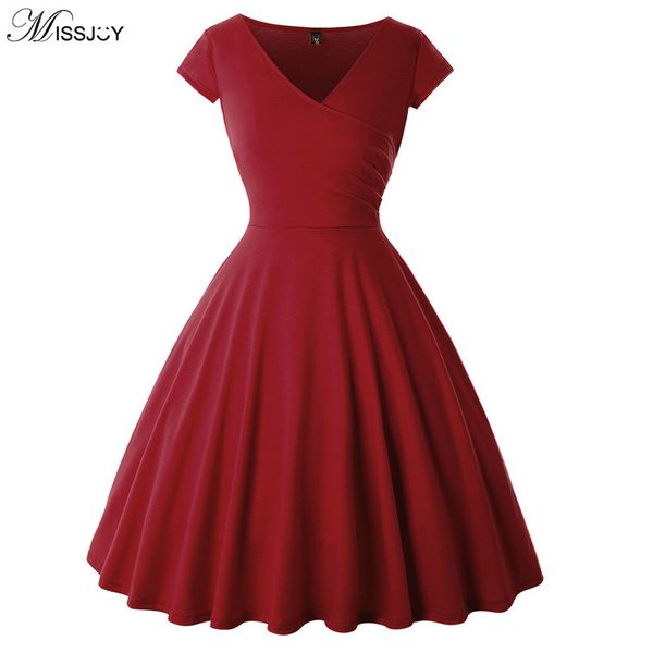 

missjoy 2019 новый женский vintage solid color summer plus размер 5xl a-line прикалывать втулки крышки v шеи коктейльное свинг бальные плать, Black;pink