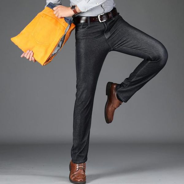 

2019 warm jeans gold fleece autumn winter jeans warm flocking business casual stretch slim classic trousers, Blue
