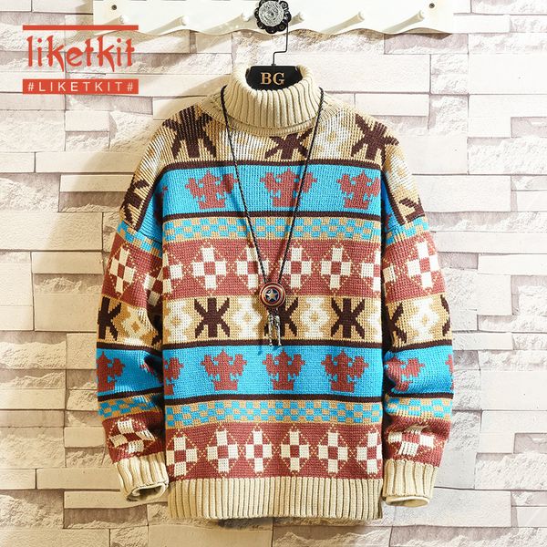 

liketkit new autumn winter sweater men 2019 turn-down collar print casual sweater knitted pullovers mens loose vintage knitwear, White;black