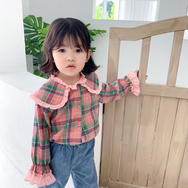 

childrenswear korean-style girls autumn pink plaid sanding plaid frilled large lapel western style long-sleeve blouse, White