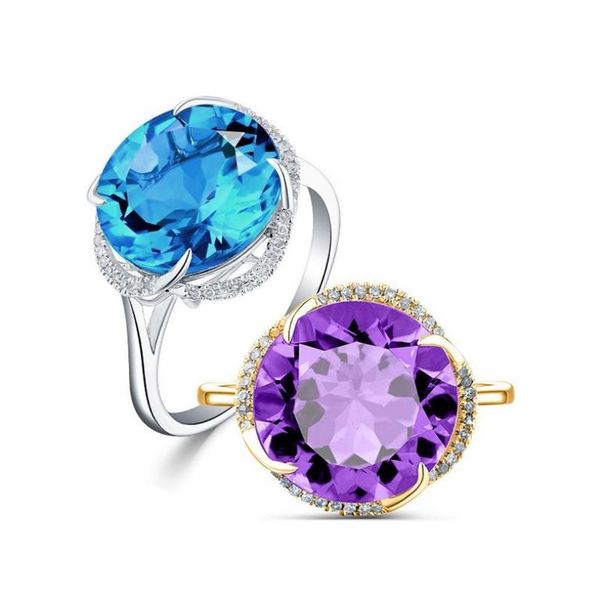 

everoyal shiny crystal blue round rings jewelry for women charm 925 sterling silver rings girls party accessories gold female, Golden;silver