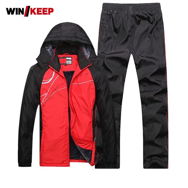 

men winter fleece liner tracksuit thick keep warm sportswears windproof set 2pcs hooded outdoor running sport loose wear, Black;blue