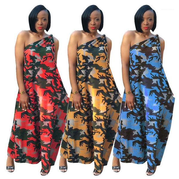 

повседневное женское дизайнерское платье летнее женское камуфляжное платье сексуальная мода одно плечо без рукавов свободное длинное платье, Black;gray