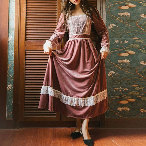 

french retro long dress women autumn long sleeve high waist lace patchwork korean boho victorian dresses sweet pink robe, Black;gray
