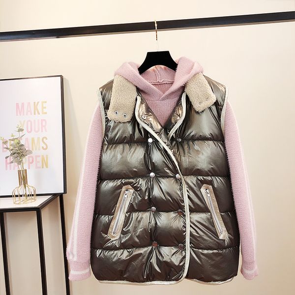 

down cotton vest women's short parka coat girls student fall/winter plus size loose bright face vest jacket waistcoat, Black;white