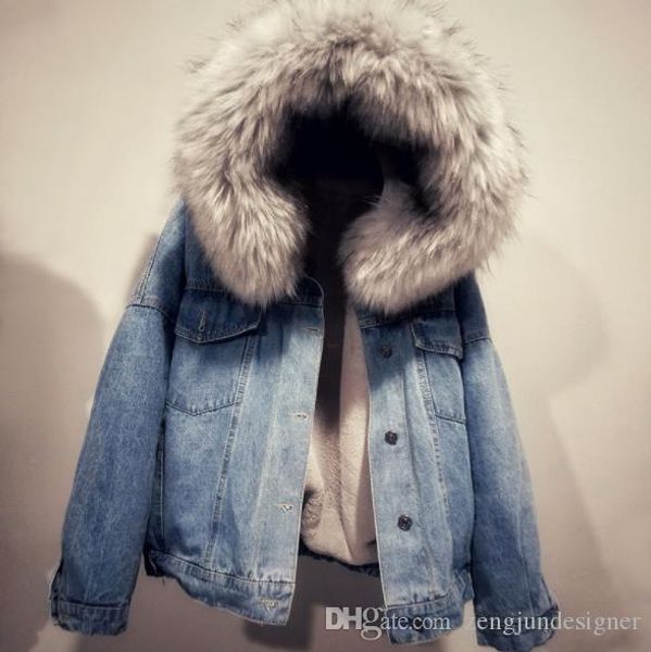 

plus velvet womens winter designer jeans jackts long sleeve button female clothing with hat casual apparel, Black;brown