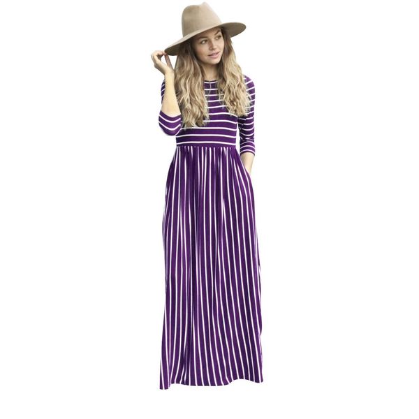 

elegant striped print women dress fit and flare autumn women dresses o neck three quarter sleeve long vestidos, Black;gray
