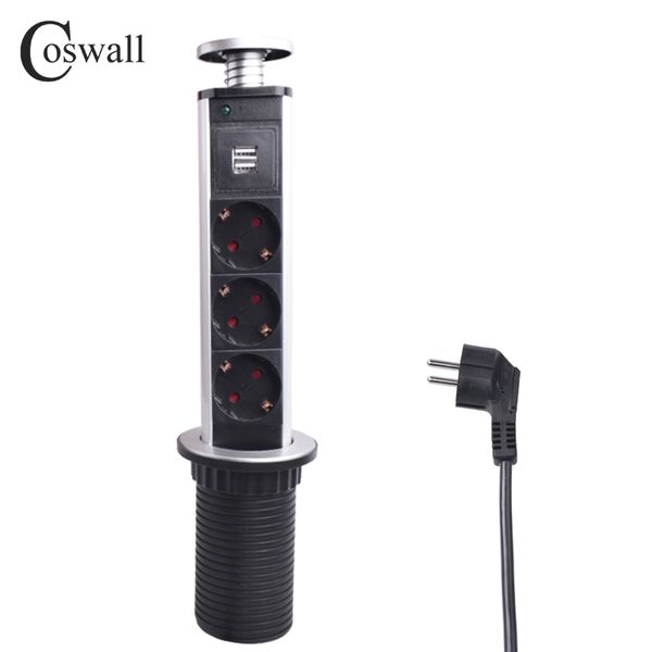 

COSWALL 16A PULL POP UP 3 Power Socket 2 USB Charging Port Kitchen Table Desktop Sockets Retractable Countertops Worktop EU Plug