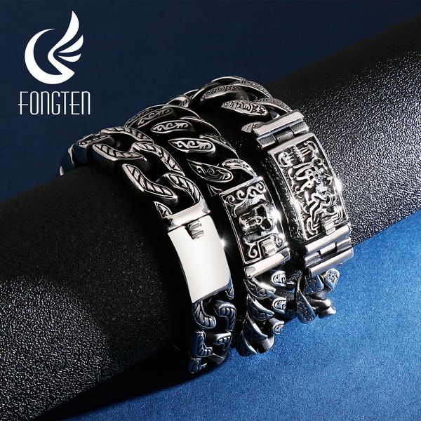 

fongten budha cuban bracelet men stainless steel retro link chain skull punk bracelets for man jewelry, Golden;silver