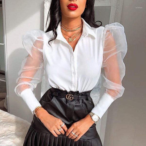

shirts women sweet mesh panelled solid color lapel neck shirts fashion womens shirts puff sleeve designer, White