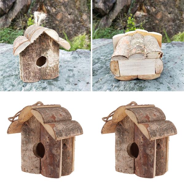

2pcs retro wood bird house, retro arts and crafts country cottages bird house, woodland cabin birdhouse outdoor decor