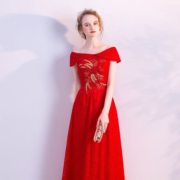 

slim off shoulder dress improved cheongsam appliques embroidery dress chinese evening vestidos size s-xxl, Red