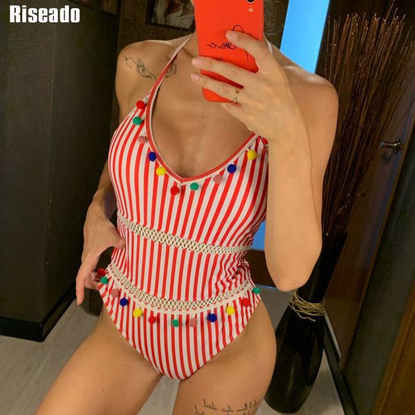

riseado halter one piece swimsuit 2020 mesh swimwear women striped print bathing suit summer beach wear bathers, White;black