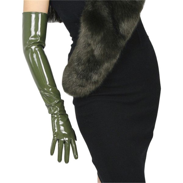

army green patent leather woman' gloves extra long pu imitation genuine leather 60cm female gloves bright mirror p42-1, Blue;gray