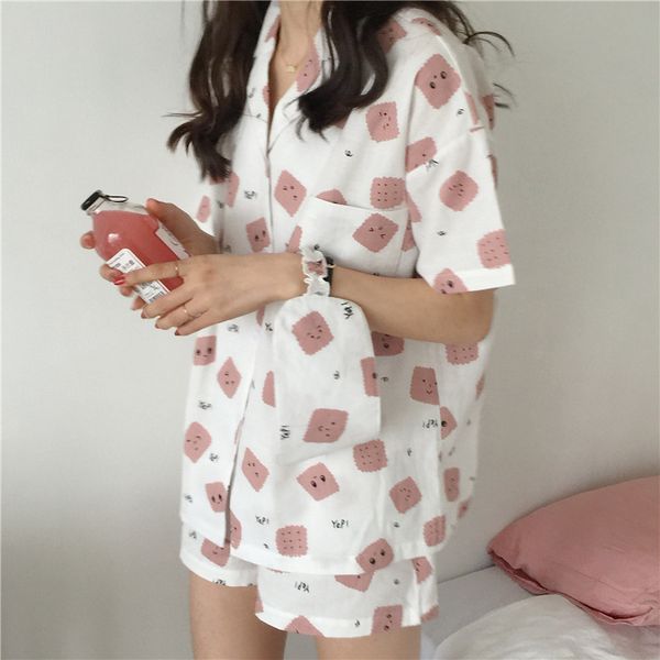 

2019 lapel cotton biscuits printing pure cotton small fresh comfortable home furnishing serve pajamas suit woman, Blue;gray
