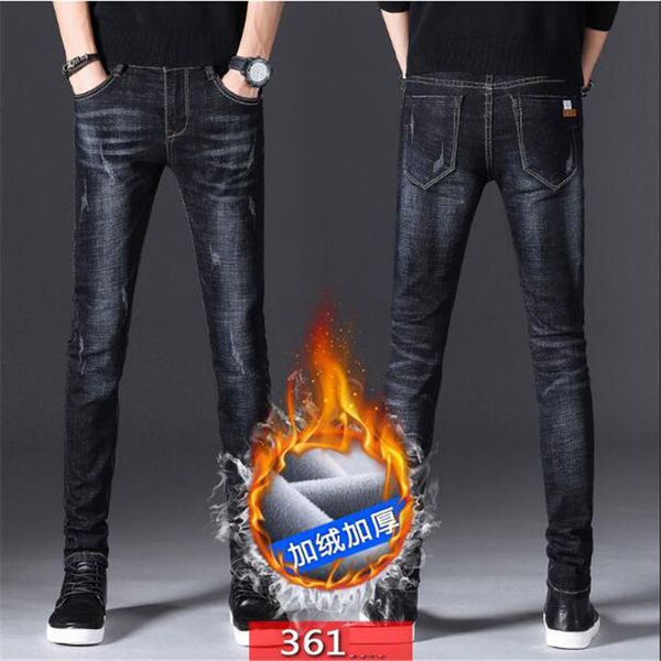 

2019 мужчины мода зимние джинсы мужчины черный slim fit stretch толстые бархатные брюки теплые джинсы повседневный руно брюки мужчины плюс р, Blue