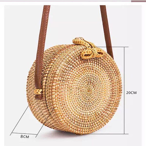 

llsm vintage handmade rattan woven shoulder bags pu leather straps bow hasp holiday beach crossbody bag messengers women handbag