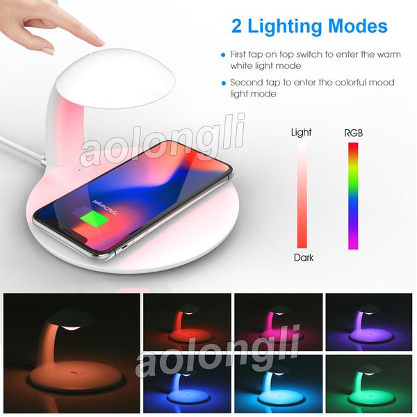 Caricabatterie wireless veloce con luce da comodino a LED dimmerabile Controllo tattile a colori RGB Tappetino di ricarica Qi veloce per iPhone XR/Max/XS/X/8/8P/Galaxy/HUAWEI