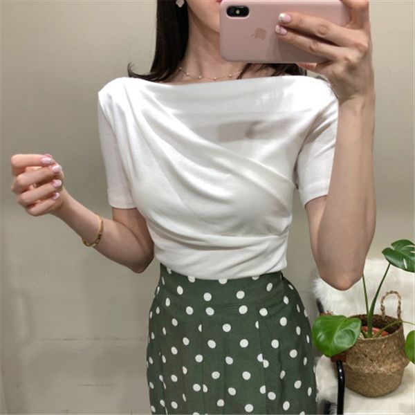 

one-character shoulder slim and t-shirt thin pleated white t-shirt women's short sleeve cotton temperament top