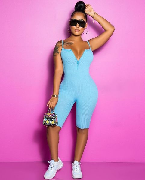 

women spaghetti strap v neck half zipper ribbed knitted slim fit casual bodycon short pants jumpsuits romper, Black;white