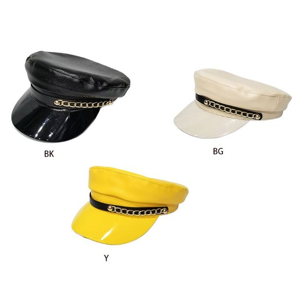 

british style retro artificial leather beret cap glitter solid color women girls newsboy visor beanie navy hat with metal chain, Blue;gray