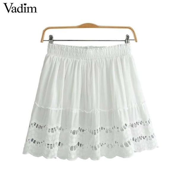 

vadim women embroidery hollow out mini skirt chic solid falda mujer elastic waist female casual sweet white a line skirts ba567 y1904002, Black