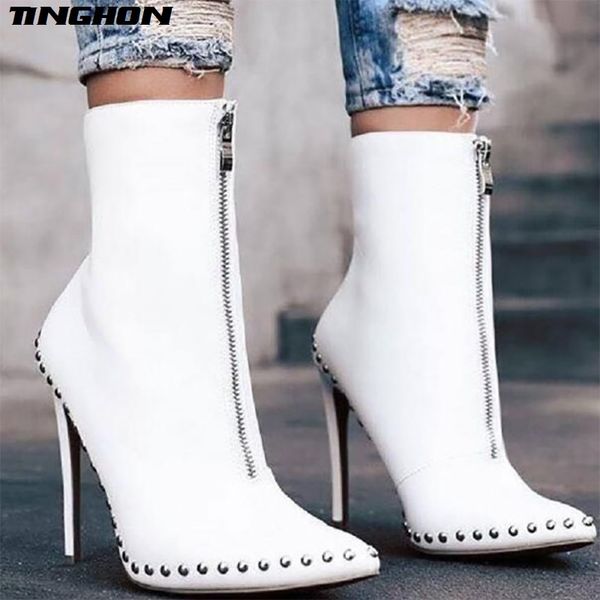 

tinghon new arrival fashion autumn women ankle boots rivet high heels shoes woman pointed toe motorcycle boots 35-42, Black