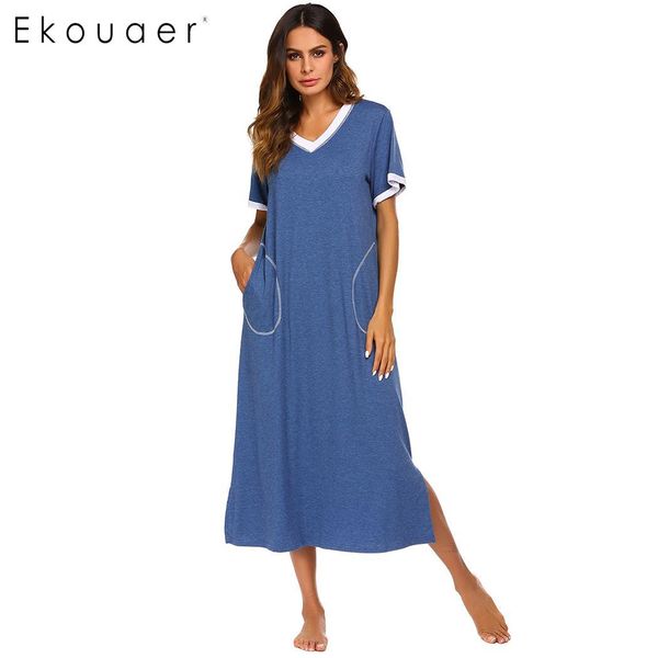 

ekouaer long night dress v neck chemise sleepshirts short sleeve women loose sleep dress pocket nightgowns sleepwear, Black;red