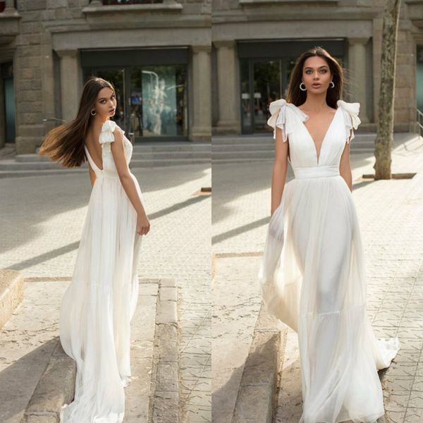 

elegant a line wedding dresses v neck sleeveless backless bow wedding gowns sweep train robe de mariÃ©e, White
