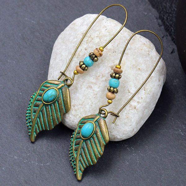 

vintage antique green leaf hoop earrings with long pendants for women ethnic bohemia round beads drop ear cuff earring for party, Golden;silver