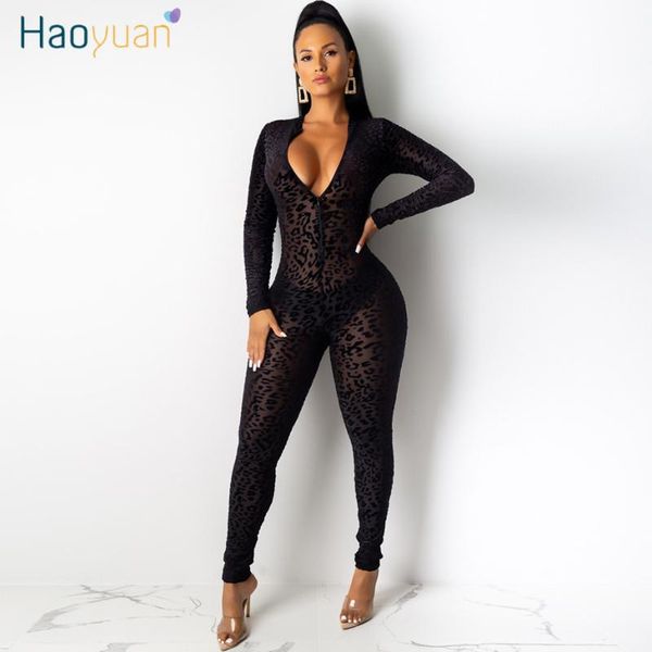 

haoyuan sexy black leopard mesh sheer женщины-футляр комбинезон фестиваль мода одежда one piece клуб тело длинные рукава rompers, Black;white