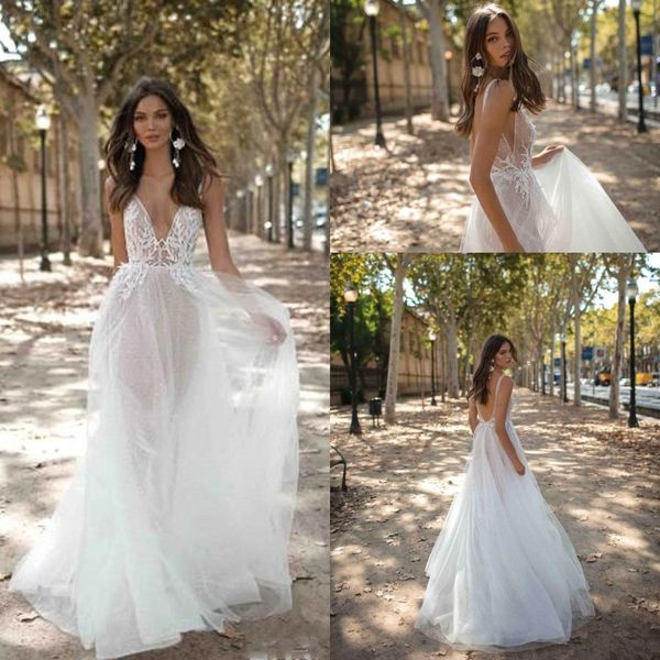 

deep v neck tulle a line wedding dresses illusion mesh lace applique backless boho bridal gowns bridal wedding gowns 2020 bc2581, White