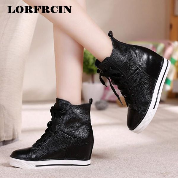 

genuine leather women boots height increasing platform ankle boots wedges high sneaker casual shoes woman nature skin botas, Black