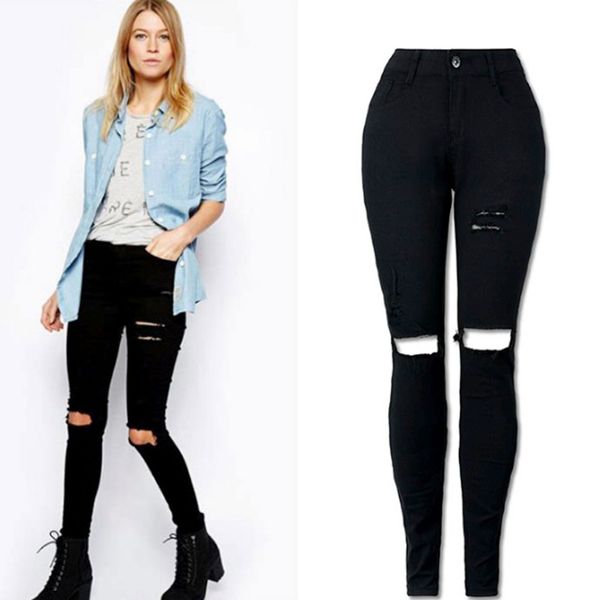 

drop shipping long jeans women high waist skinny pencil blue denim pants ripped hole elastic high stretch jeans woman fashion