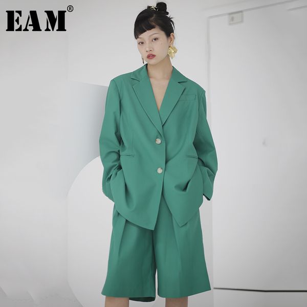 

eam] women green button split brief big size blazer new lapel long sleeve loose fit jacket fashion spring autumn 2020 1u309, White;black