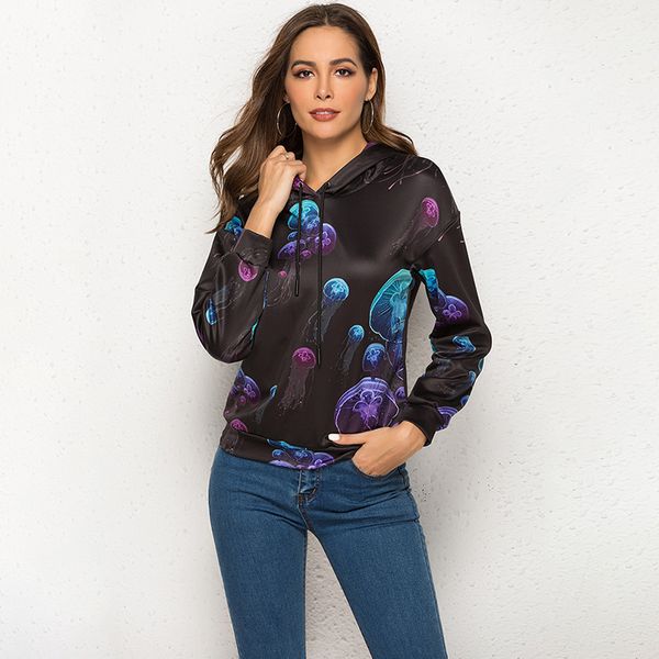 

women 3d jellyfish printing hoodie casual long sleeve hooded sweatshirts female jumper women tracksuits, Black