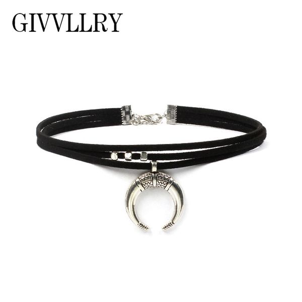 

givvllry punk moon necklace for women vintage spanish bull horn crescent chocker fashion 3 layers black velvet choker necklace, Golden;silver