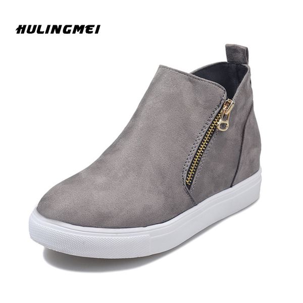 

women wedge ankle boots autumn casual suede women's platform ladies fashion zip female casual shoes, Black