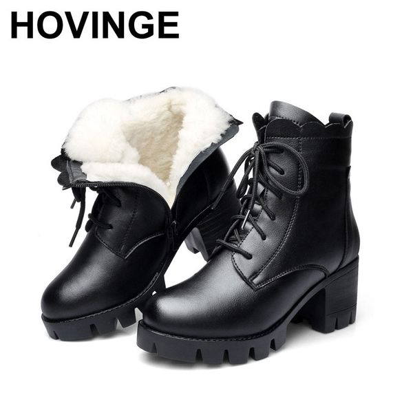 

hovinge 2019 fashion genuine leather ankle boots women winter wool warm boots thick high heels snow boot female shoes, Black