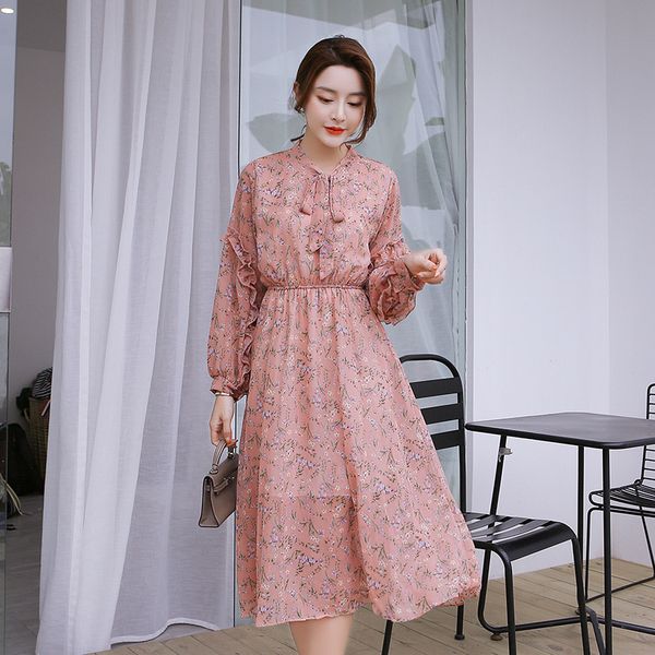 

2019 new women's printing dresses with bow spring summer long sleeve hight waist dresses female lantern sleeve turn-down collar, Black;gray