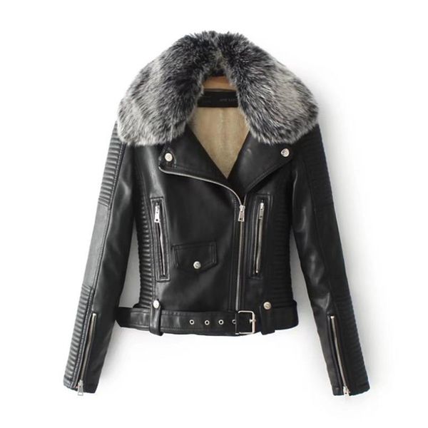 

autumn winter wool jackets pu leather women jacket biker jacket women plus velvet warm fur collar slim fashion, Black