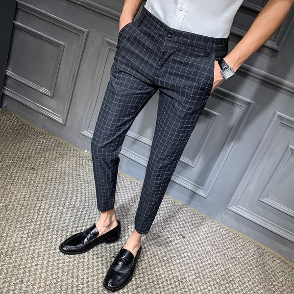 

2019 men dress pant plaid business casual slim fit ankle length pantalon classic vintage check suit trousers wedding 28-34, White;black