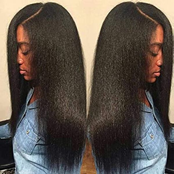 

light yaki straight lace front human hair wig pre plucked remy human hair deep part lace front wig with baby hair 130%, Black;brown