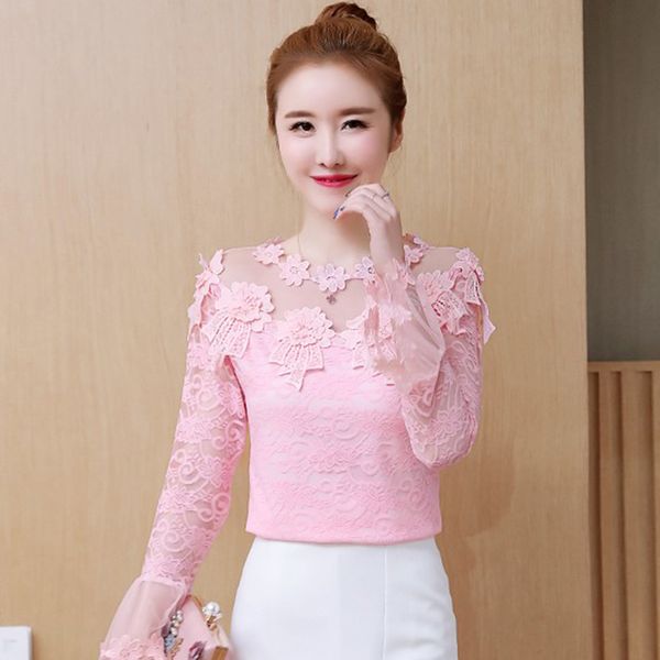 

lace flowers womens black white chiffon blouses new fashion oversize casual sweat casual slim female blusas mesh ladies