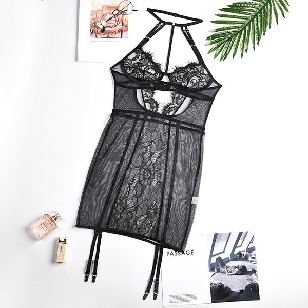 

lingerie tight halter cross halter uniform temptation dress female see-through lingeries lingeries woman set-2, Black;white