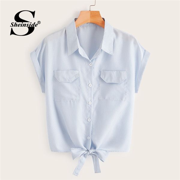 

sheinside blue striped knot hem blouse casual roll up sleeve blouse women 2019 summer pockets front shirt cap sleeve basics top, White