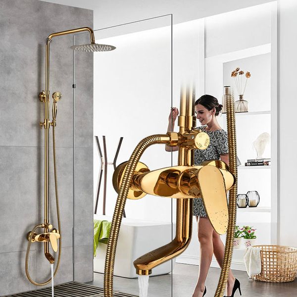 

golden bathroom 8" rainfall shower set wall mounted bath shower mixer tap swive spout shower mixers with handshower