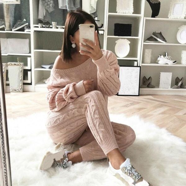 

spring cotton tracksuit women 2 piece set o-neck sweater elastic waist pant knitted suit women coat 2020 new dropshipping, White