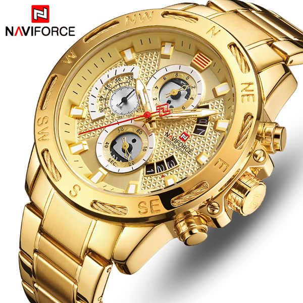 

naviforce luxury brand mens sport watches gold full steel quartz watch men date week waterproof military clock relogio masculino, Slivery;brown