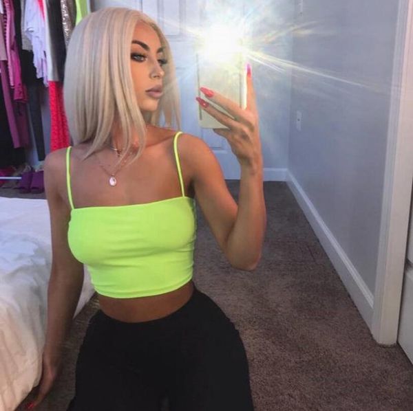 

2019 new fashion fluorescent green backless sling vest, White